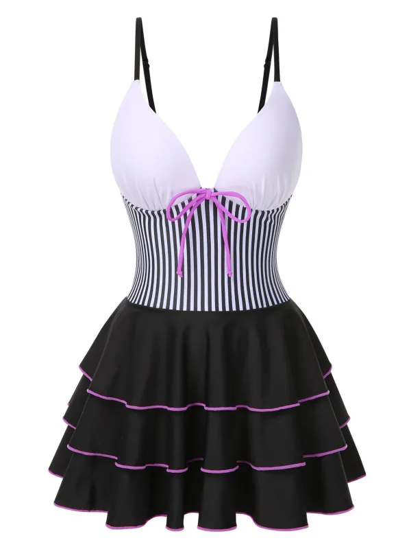 1940s Stripe Patchwork Layered Hem Swim Dress sold by Retro Stage