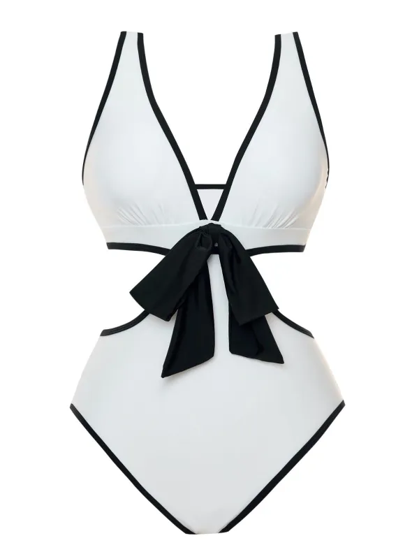 White 1950s Waist Hollow Binding Bow Swimsuit sold by Retro Stage