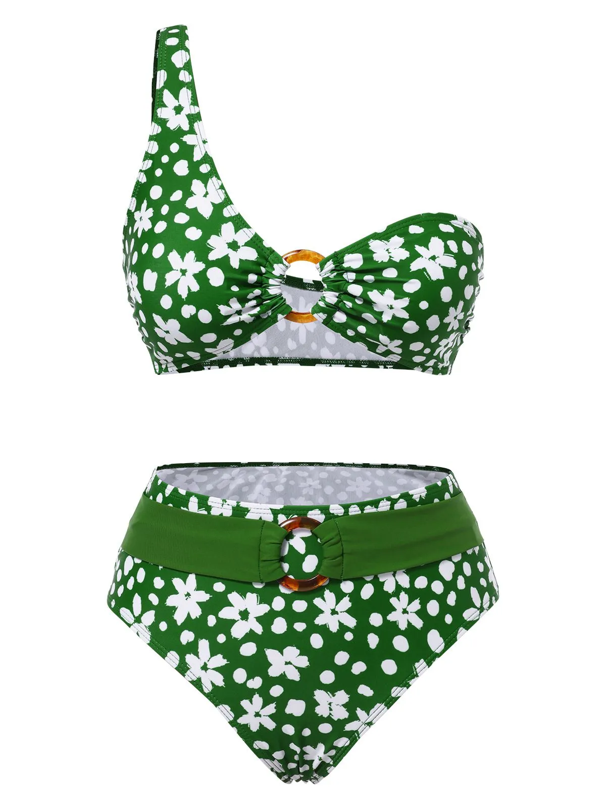 Green 1950s One-Shoulder Floral Bikini Set sold by Retro Stage