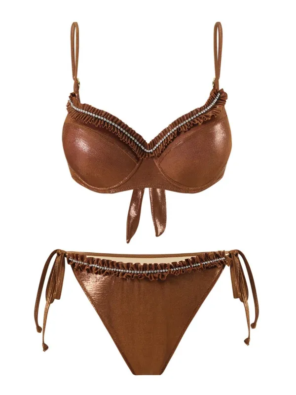 Brown 1950s Shiny Rhinestones Headed Ruffle Bikini Set sold by Retro Stage