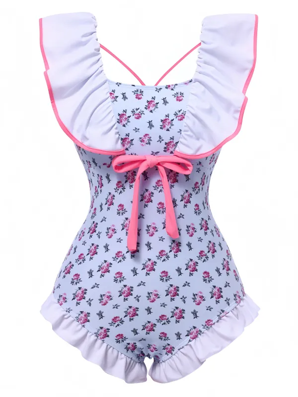 Blue 1950s Ditsy Floral Bow Ruffled Swimsuit sold by Retro Stage