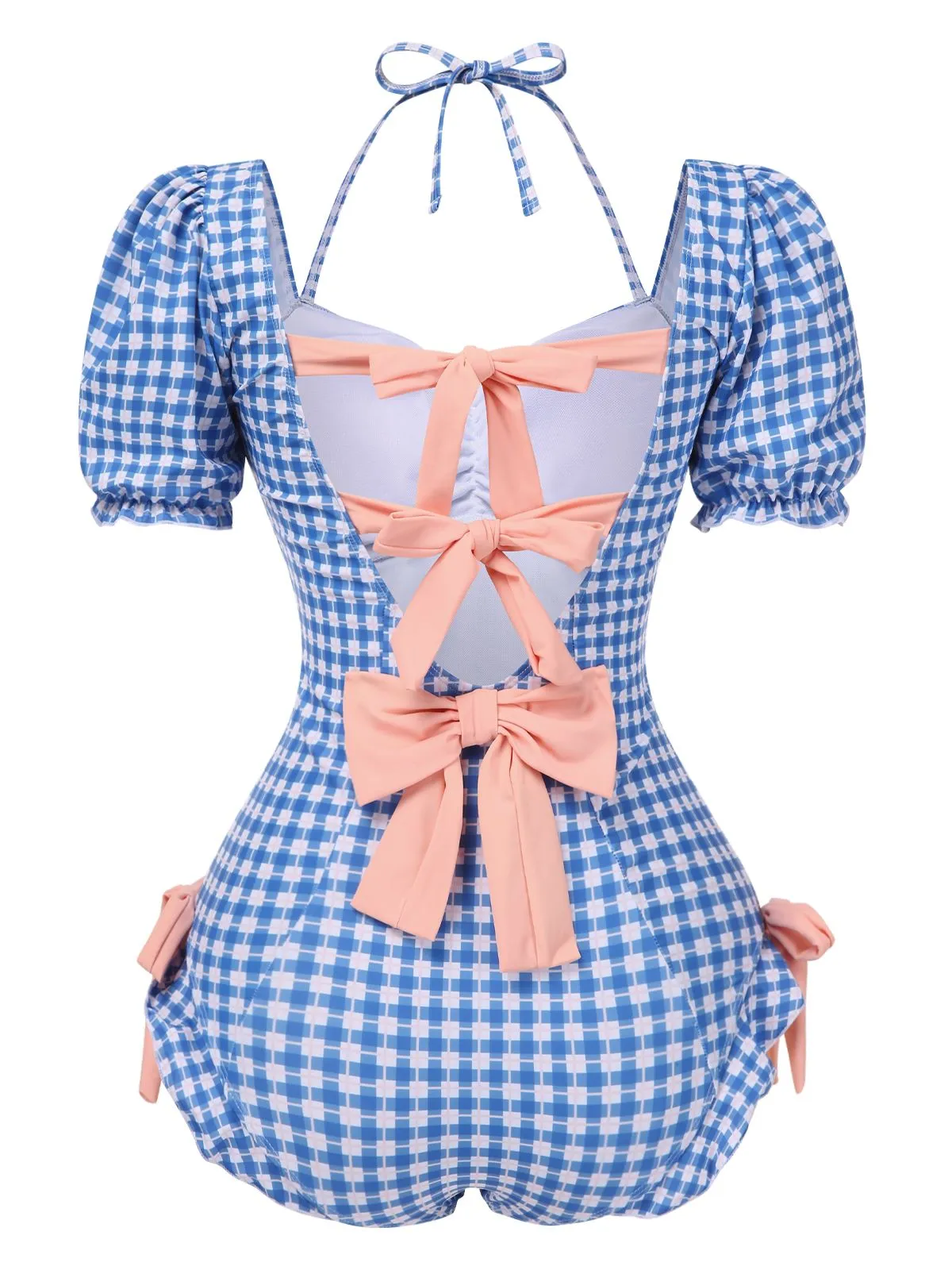 1950s Bow Puff Sleeve Gingham Plaid Swimsuit sold by Retro Stage product image thumbnail 2