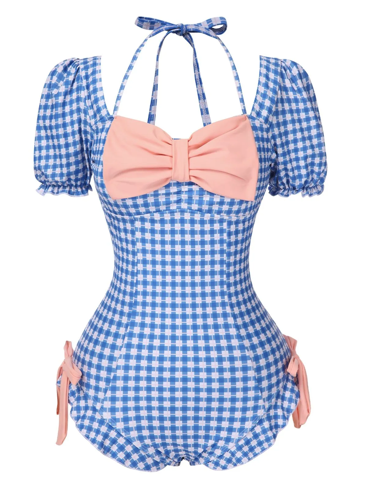 1950s Bow Puff Sleeve Gingham Plaid Swimsuit sold by Retro Stage