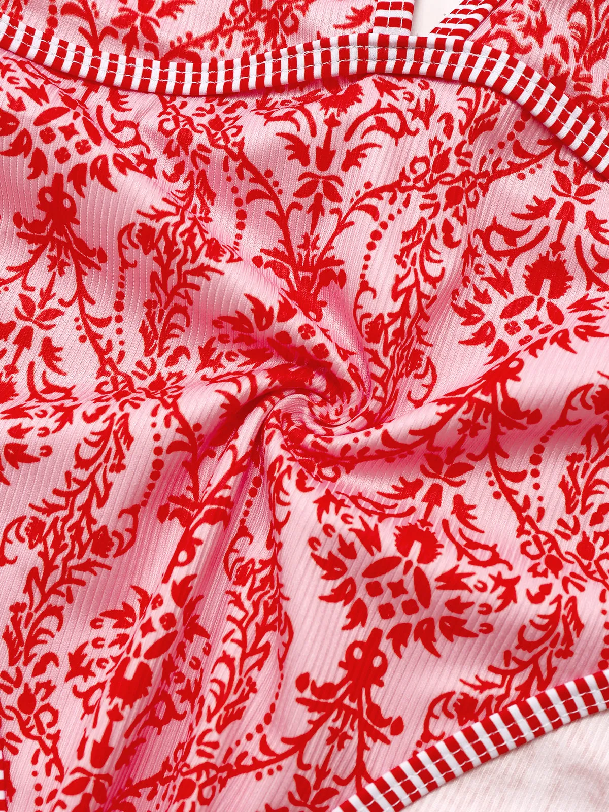 Red 1970s Deep V-Neck Halter Baroque Prints Swimsuit sold by Retro Stage product image thumbnail 3