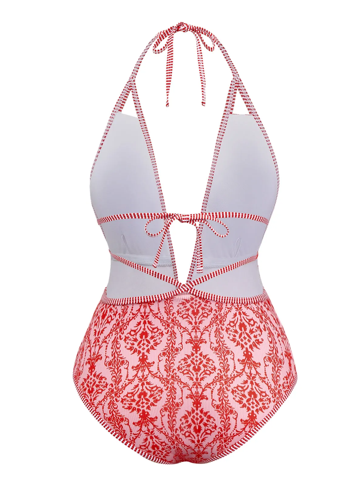 Red 1970s Deep V-Neck Halter Baroque Prints Swimsuit sold by Retro Stage product image thumbnail 2