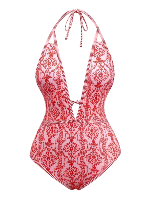 Red 1970s Deep V-Neck Halter Baroque Prints Swimsuit sold by Retro Stage