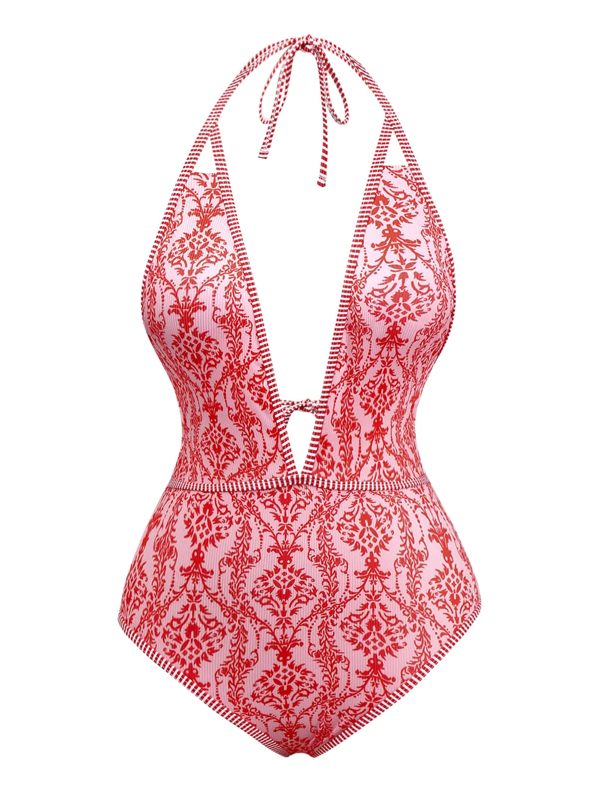 Red 1970s Deep V-Neck Halter Baroque Prints Swimsuit sold by Retro Stage