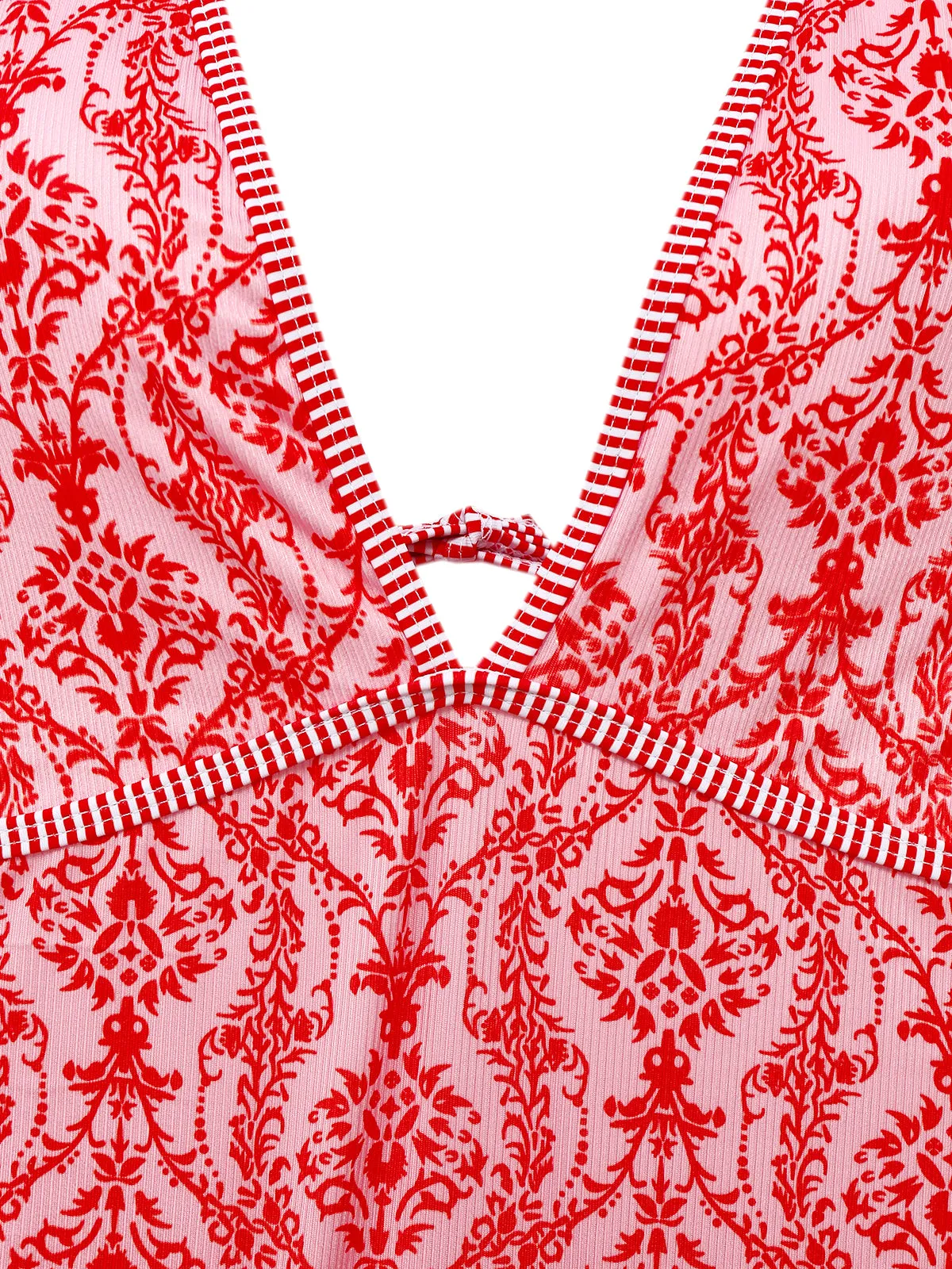 Red 1970s Deep V-Neck Halter Baroque Prints Swimsuit sold by Retro Stage product image thumbnail 4