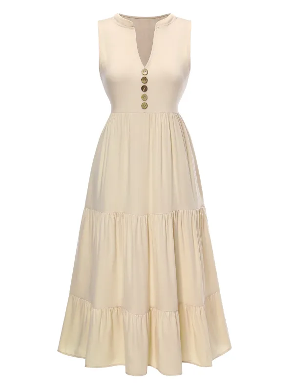 Cream 1940s Button Sleeveless Tiered Dress sold by Retro Stage
