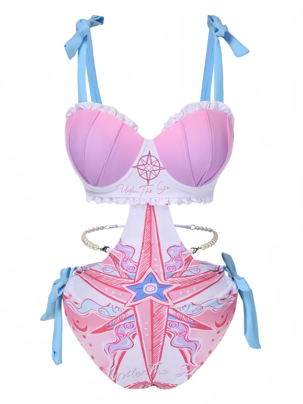 1970s Ruffled Pearl Chain Hollow Waist Swimsuit sold by Retro Stage