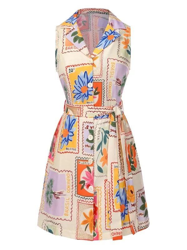Multicolor 1960s Notched Collar Floral Stamp Dress sold by Retro Stage