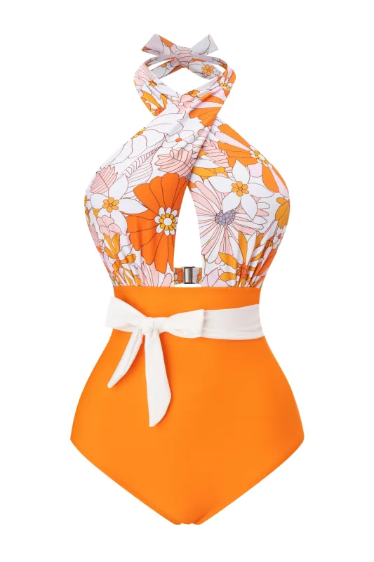 1950s Bow Tie Floral Cross Straps Swimsuit sold by Retro Stage