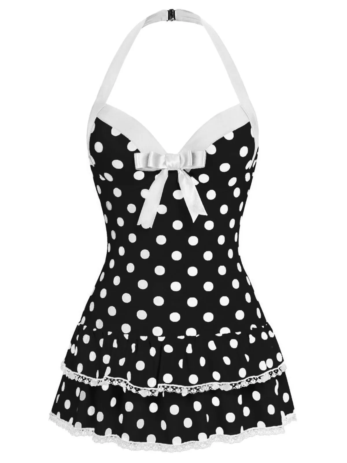 Black 1940s Halter Polka Dots Bow One-Piece Swimsuit sold by Retro Stage