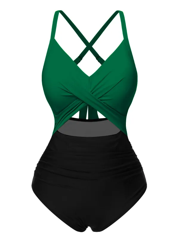 Green & Black 1940s Hollow Waist Patchwork Swimsuit sold by Retro Stage