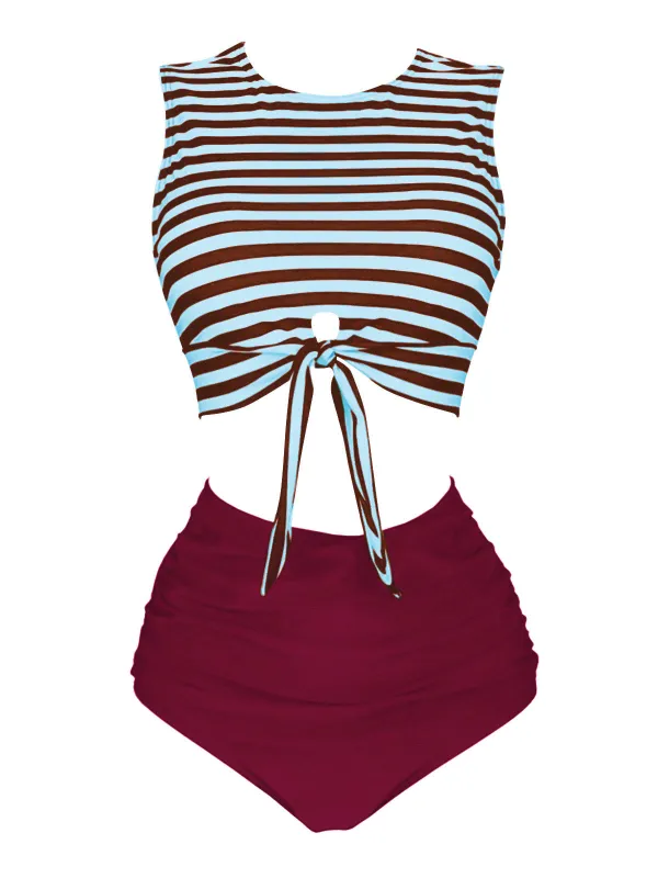 Blue & Red 1970s Striped Waist Tie Patchwork Swimsuit sold by Retro Stage