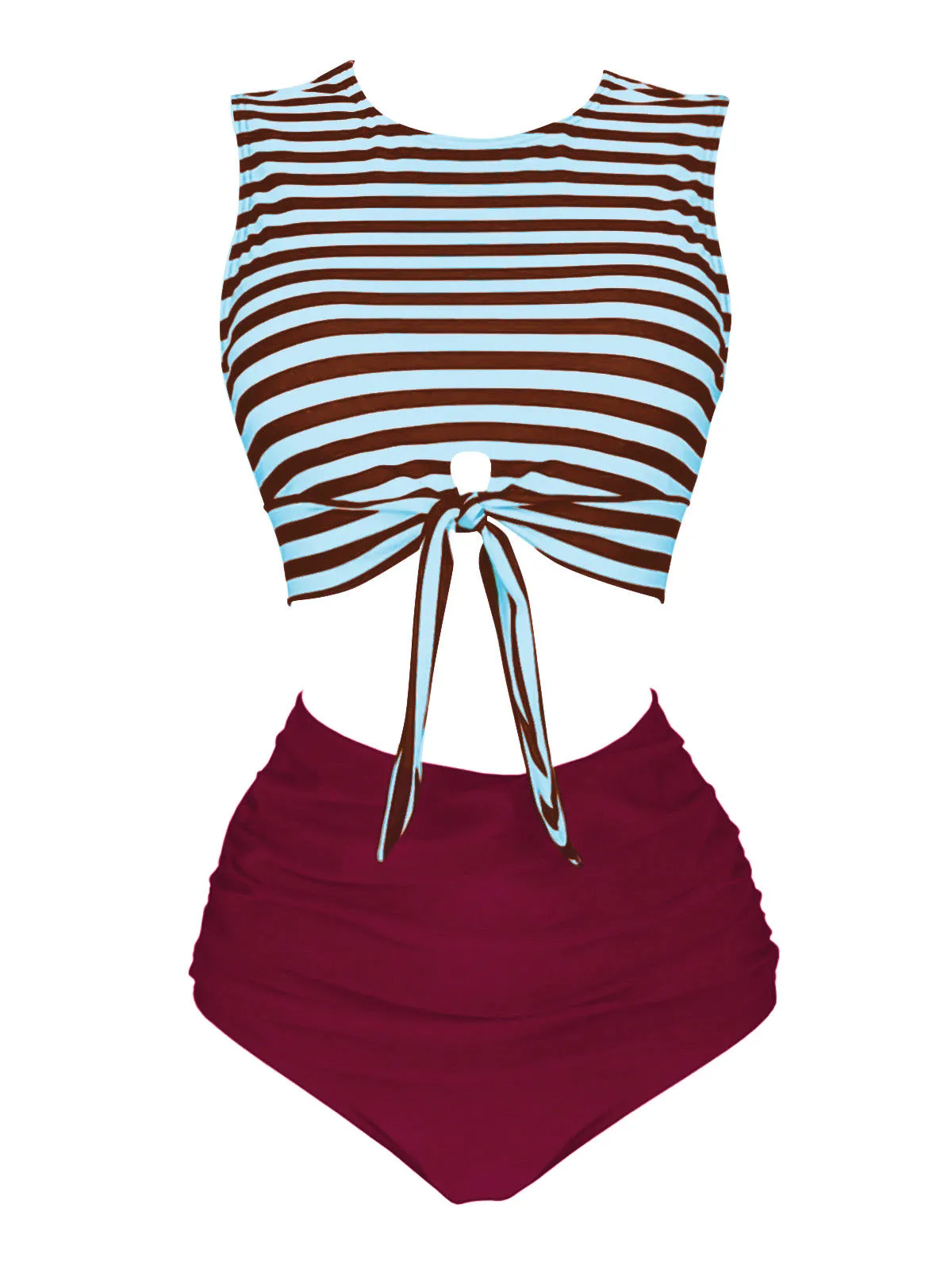 Blue & Red 1970s Striped Waist Tie Patchwork Swimsuit sold by Retro Stage