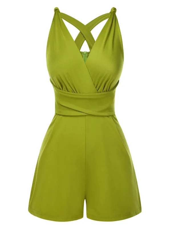 Green 1940s Solid Cross-Back Straps Romper sold by Retro Stage