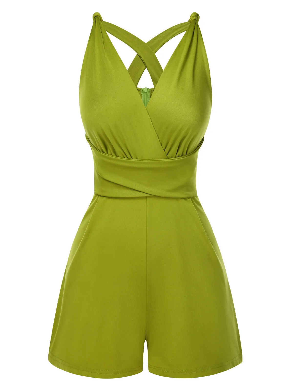 Green 1940s Solid Cross-Back Straps Romper sold by Retro Stage