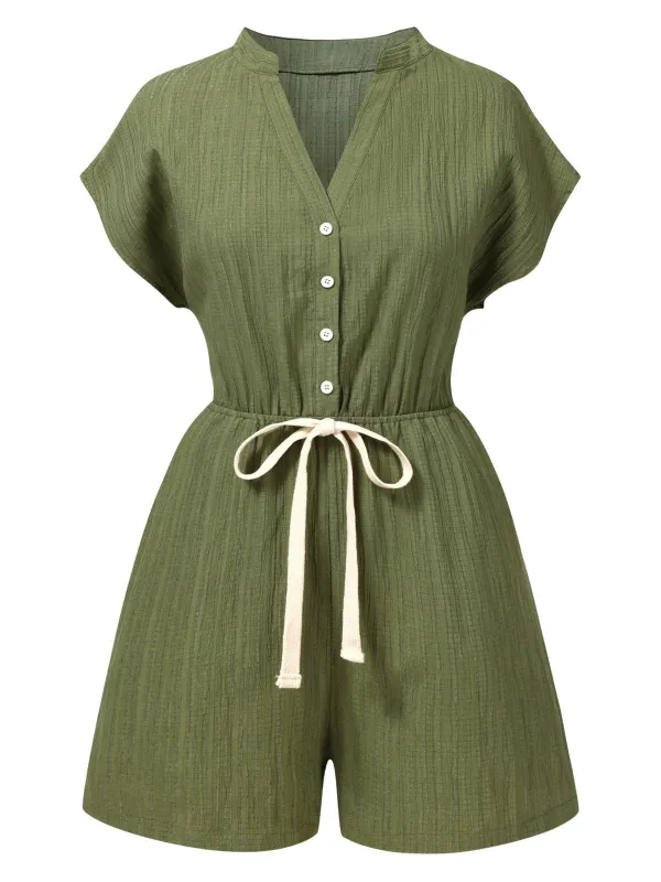 Green 1950s V-Neck Textured Pocket Romper sold by Retro Stage