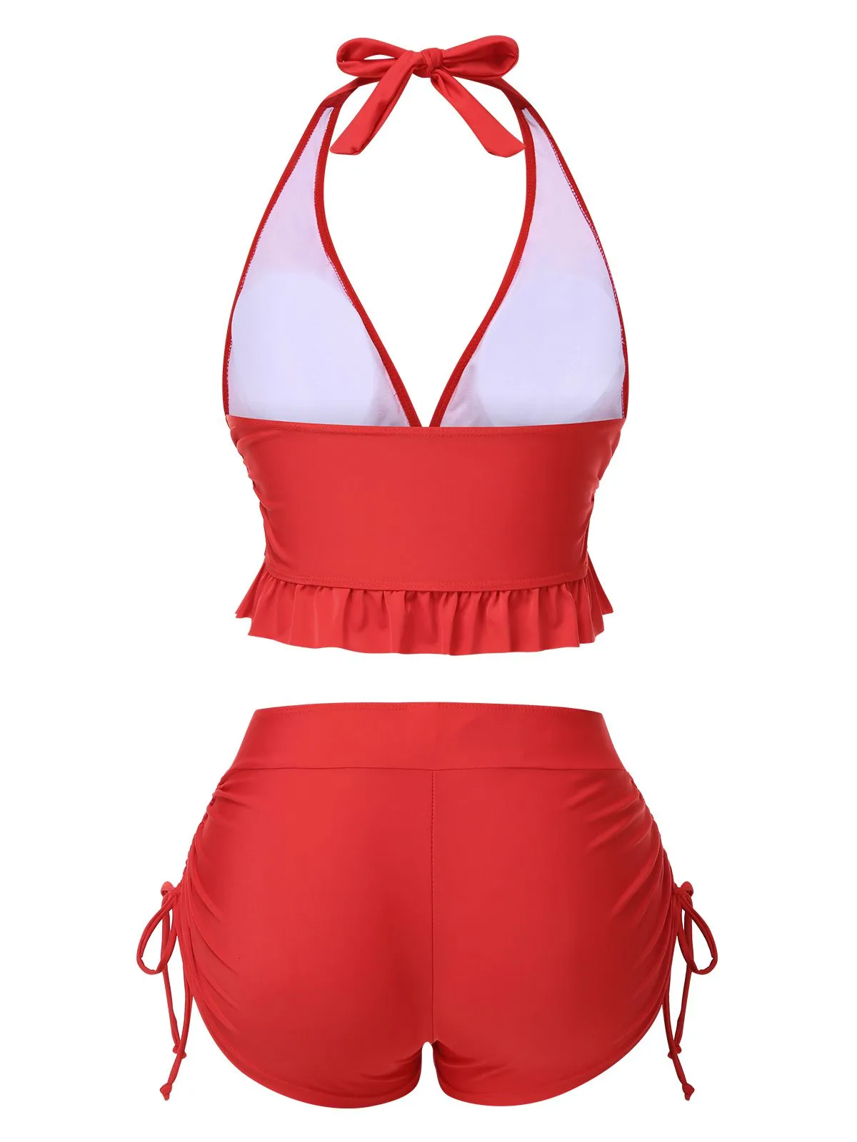 Red 1950s Halter Solid Ruffle Tankini sold by Retro Stage product image thumbnail 3