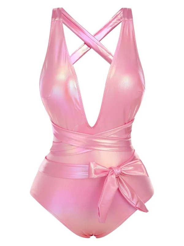 Pink 1970s Metallic Lace-Up Swimsuit sold by Retro Stage