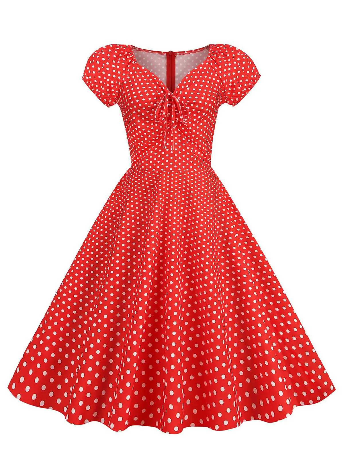 Red 1950s Polka Dot Sweetheart Neck Bow Dress sold by Retro Stage