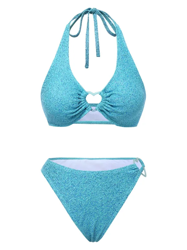 Blue 1970s Glitter Heart Hollow Bikini Set sold by Retro Stage