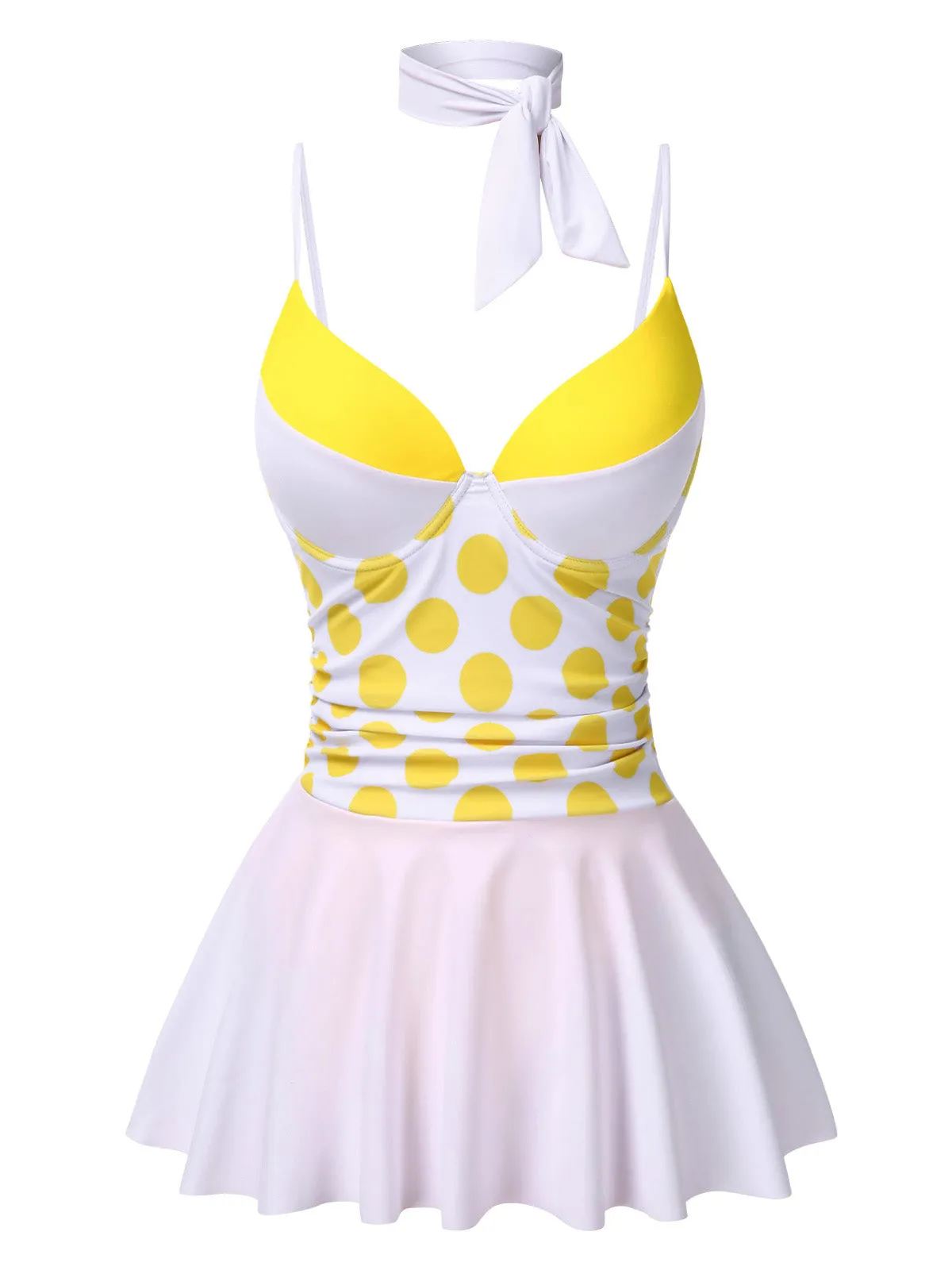 Yellow 1940s Polka Dot Bow Patchwork One-Piece Swimsuit sold by Retro Stage