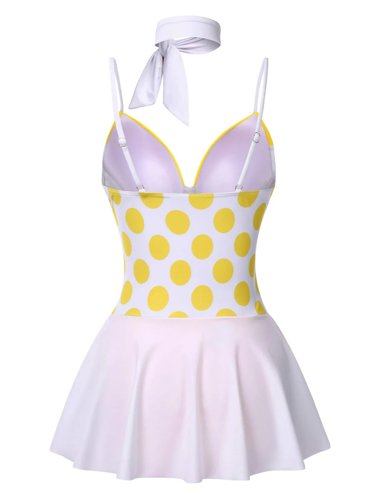 Yellow 1940s Polka Dot Bow Patchwork One-Piece Swimsuit sold by Retro Stage product image thumbnail 2