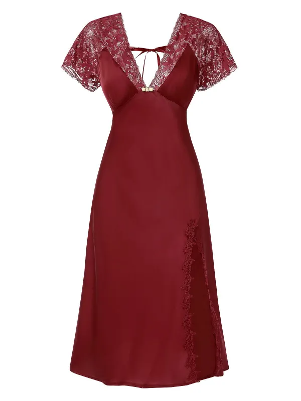 1960s Solid Lace Satin Patchwork V-neck Side-Slit Nightgown sold by Retro Stage