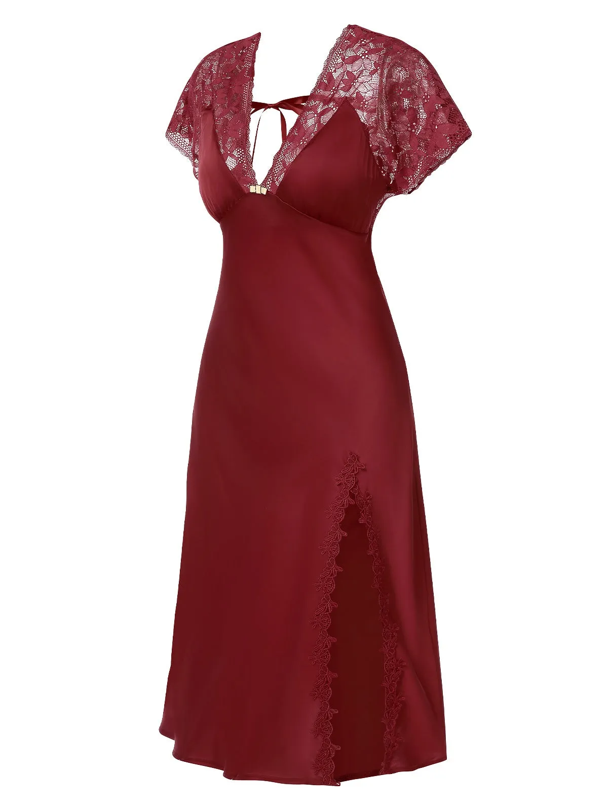 1960s Solid Lace Satin Patchwork V-neck Side-Slit Nightgown sold by Retro Stage product image thumbnail 2