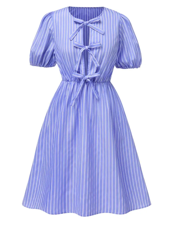 Light Blue 1950s Striped Bow Lace-Up Dress sold by Retro Stage