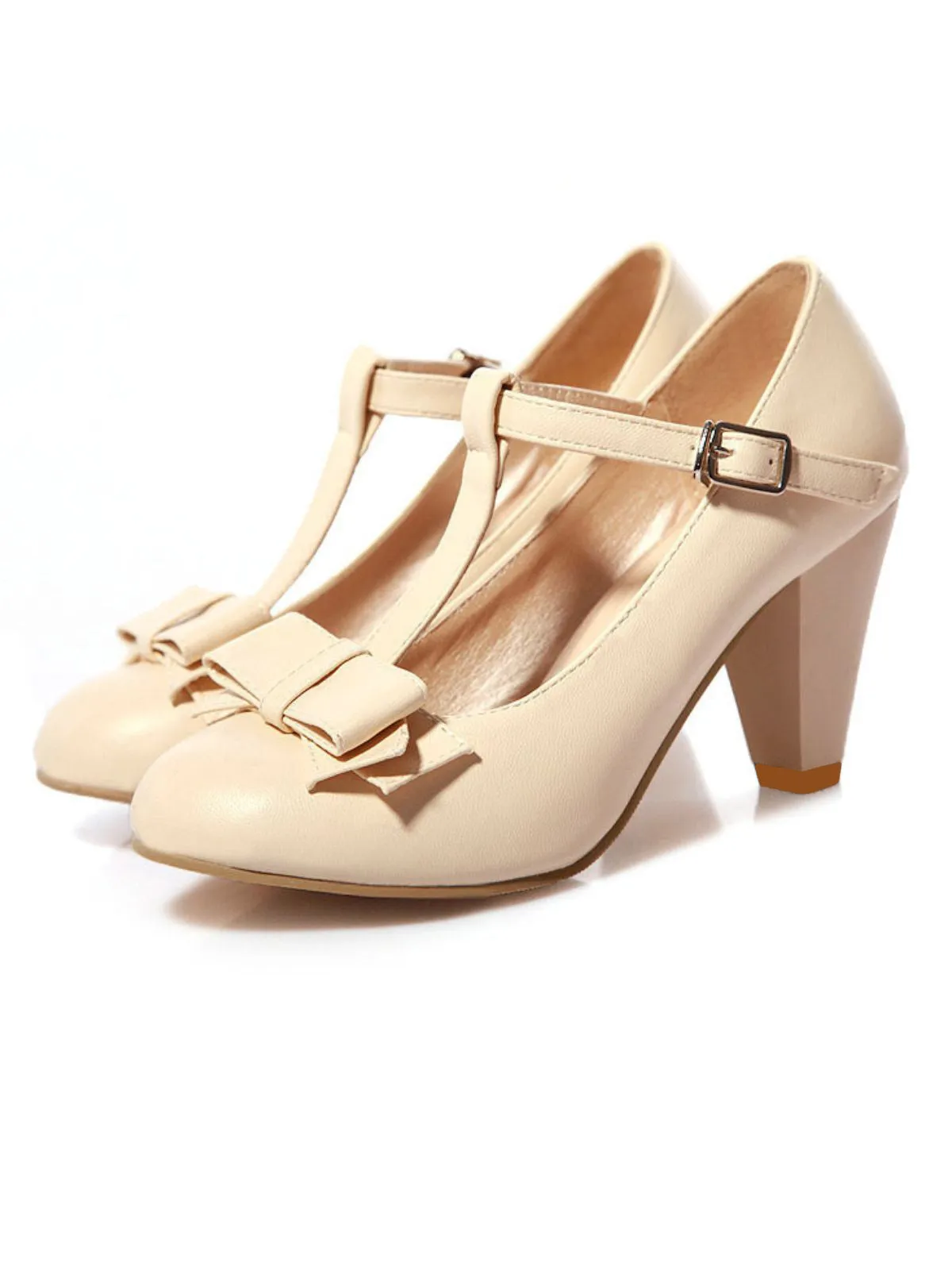 Solid Leather Bowknot T-Strap Chunky Heels sold by Retro Stage