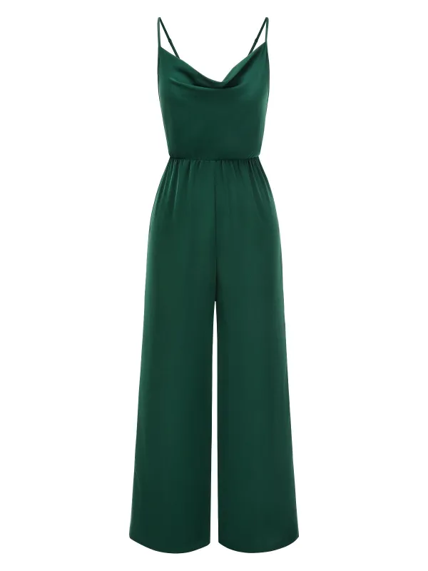 Dark Green 1930s Solid Spaghetti Straps Cowl Neck Jumpsuit sold by Retro Stage