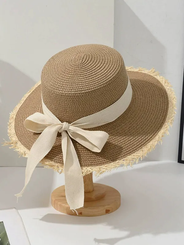 Bow Flat-Top Straw Wide-Brim Sun Hat sold by Retro Stage