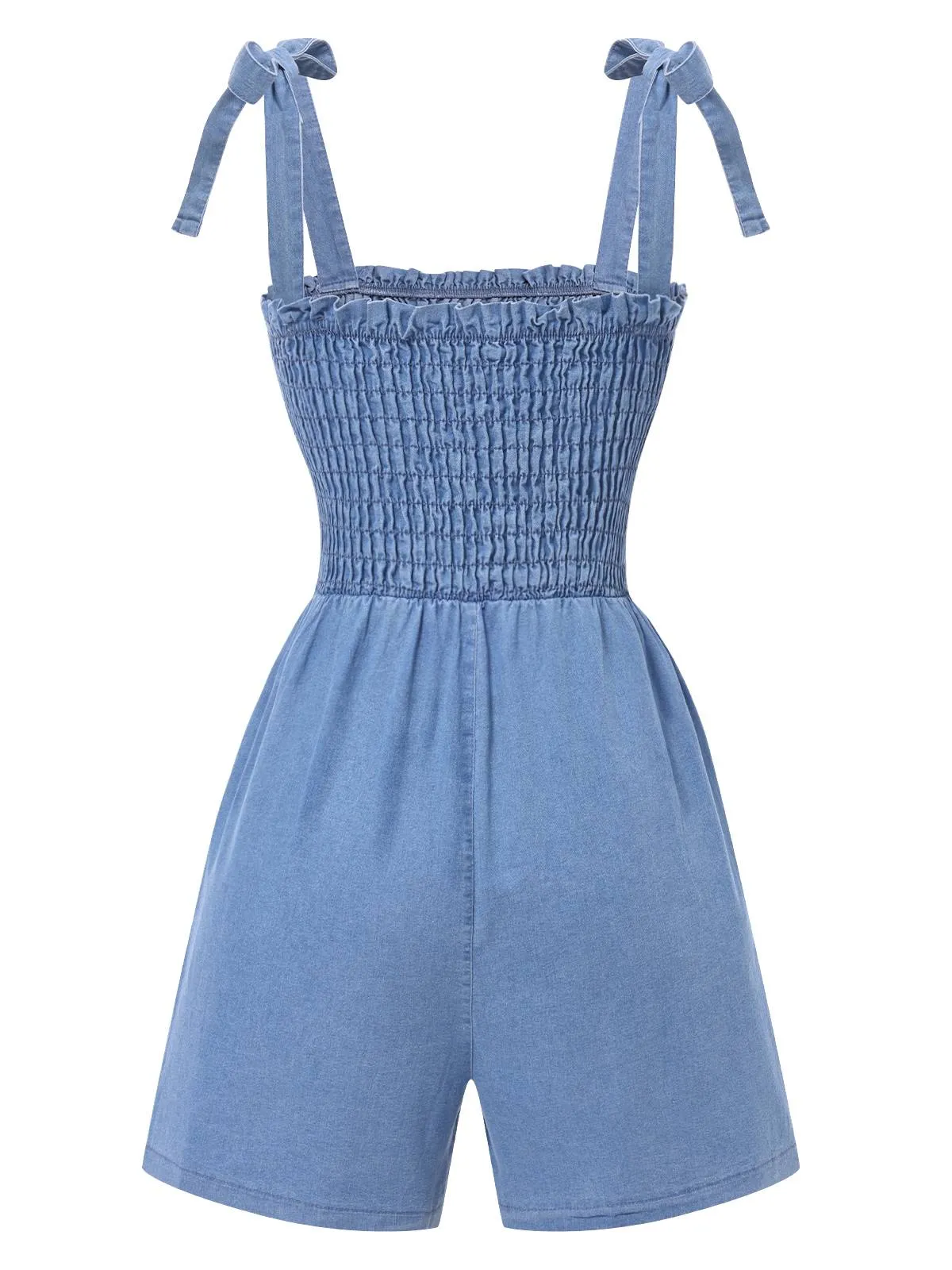 Blue 1960s Shoulder Tie Smocked Denim Romper sold by Retro Stage product image thumbnail 2
