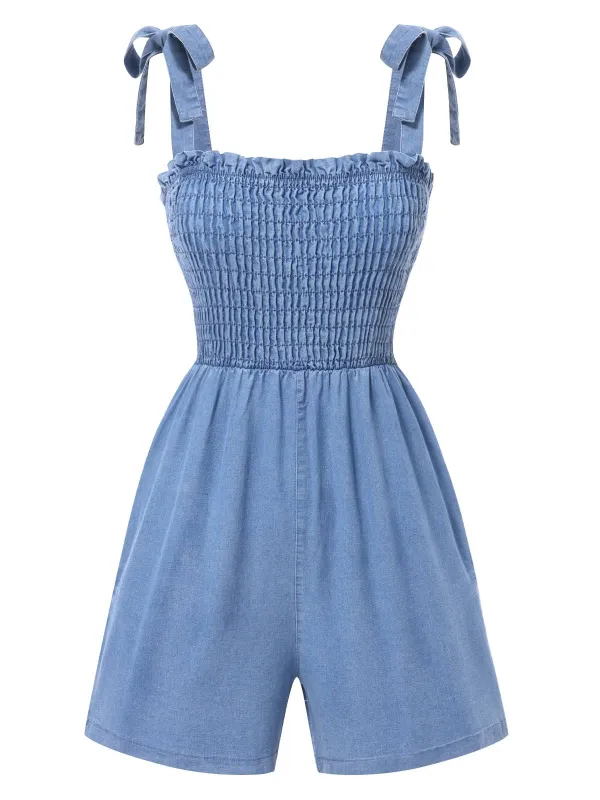 Blue 1960s Shoulder Tie Smocked Denim Romper sold by Retro Stage