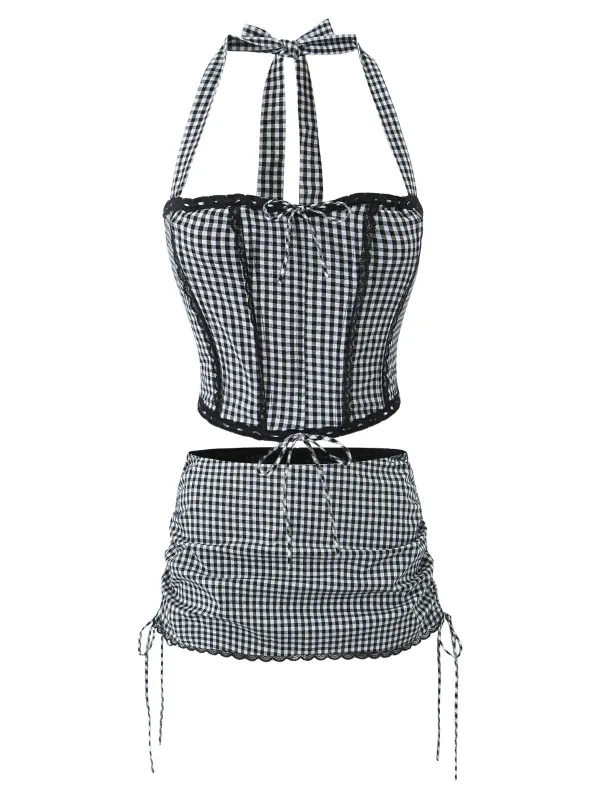 2PCS 1950s Gingham Plaid  Lace-Up Crop Camisole & Skirt sold by Retro Stage