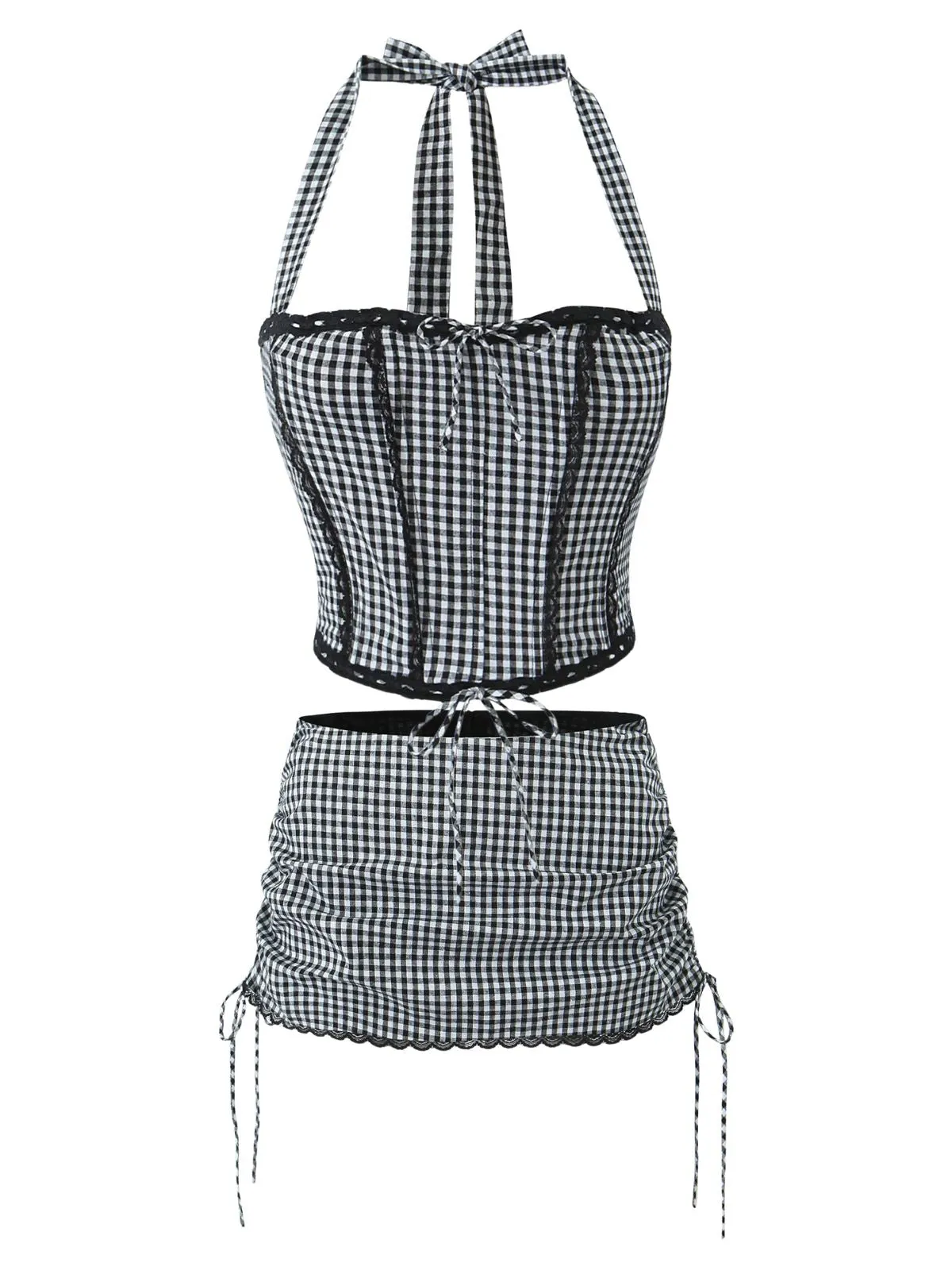 2PCS 1950s Gingham Plaid Lace-Up Crop Camisole & Skirt sold by Retro Stage