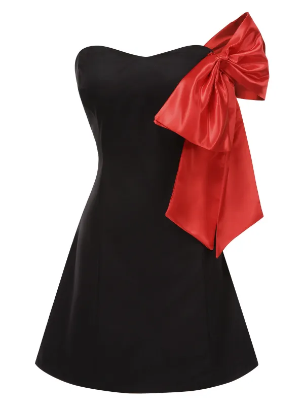 Black 1960s Strapless Bow A-Line Dress sold by Retro Stage