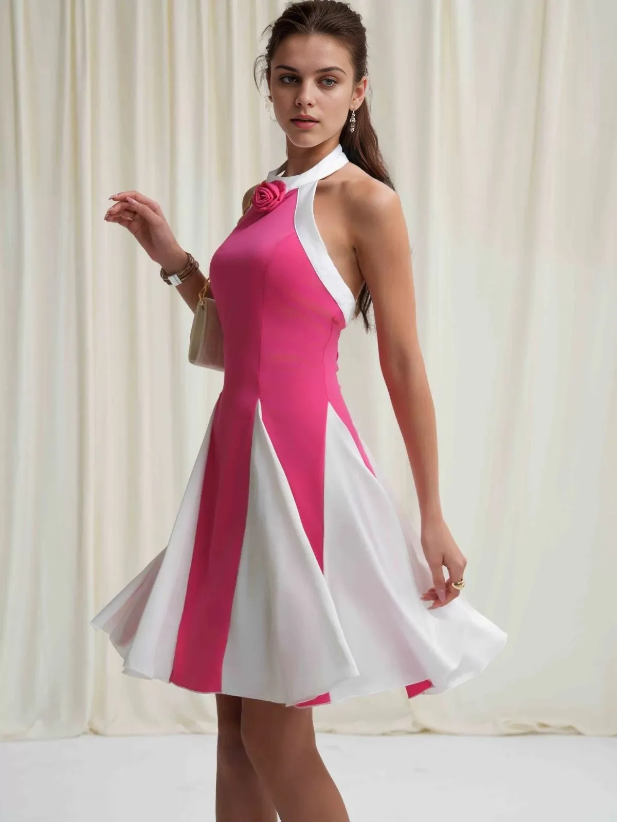 1950s Halter Colorblock 3D Floral Backless Dress sold by Retro Stage product image thumbnail 4
