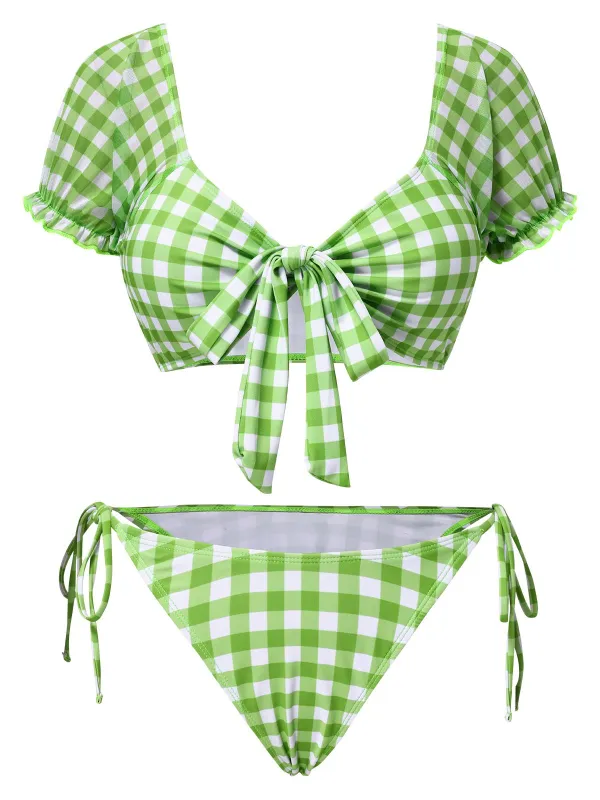 Green 1960s Gingham Puff Sleeve Bikini Set sold by Retro Stage