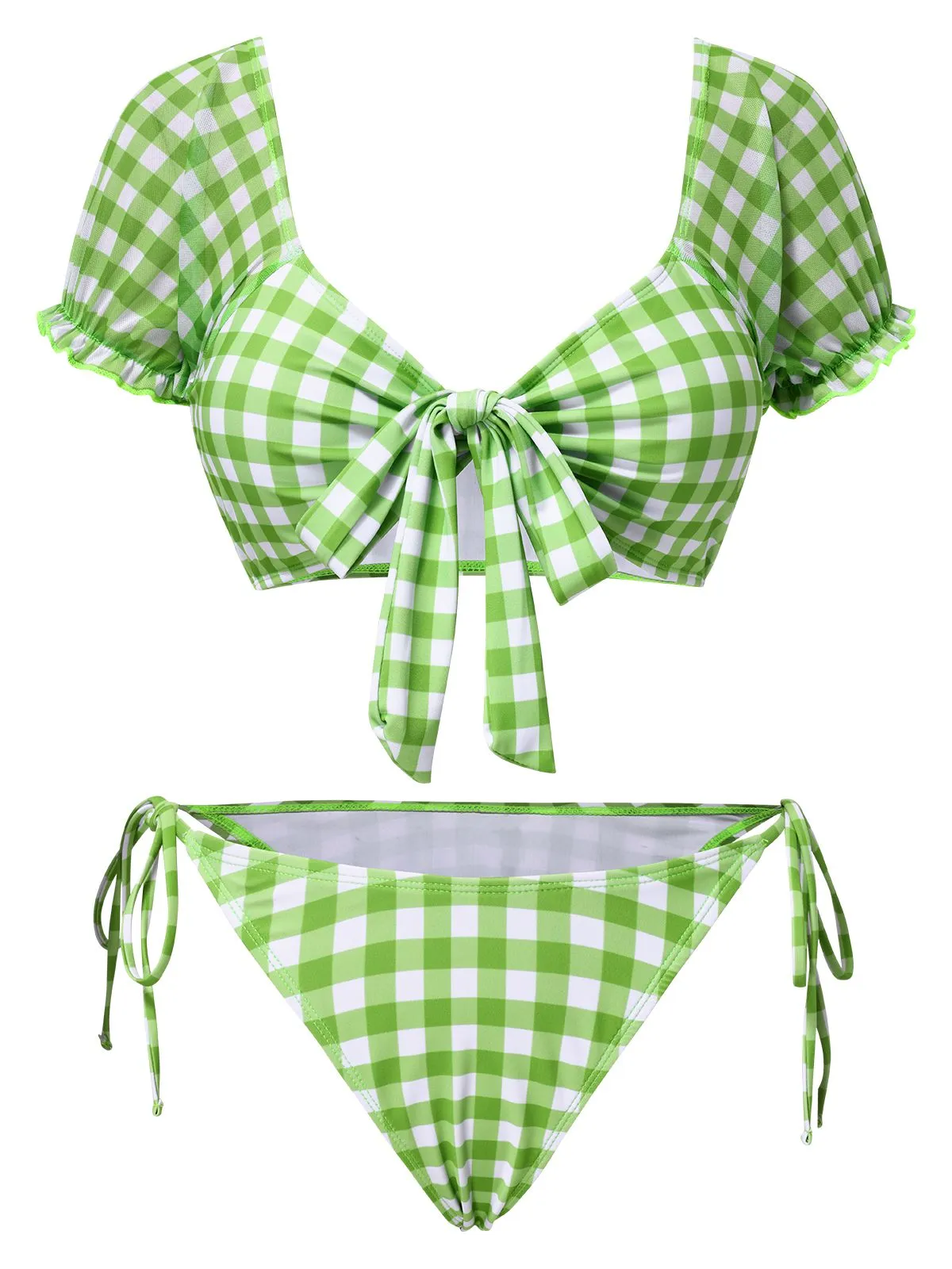 Green 1960s Gingham Puff Sleeve Bikini Set sold by Retro Stage