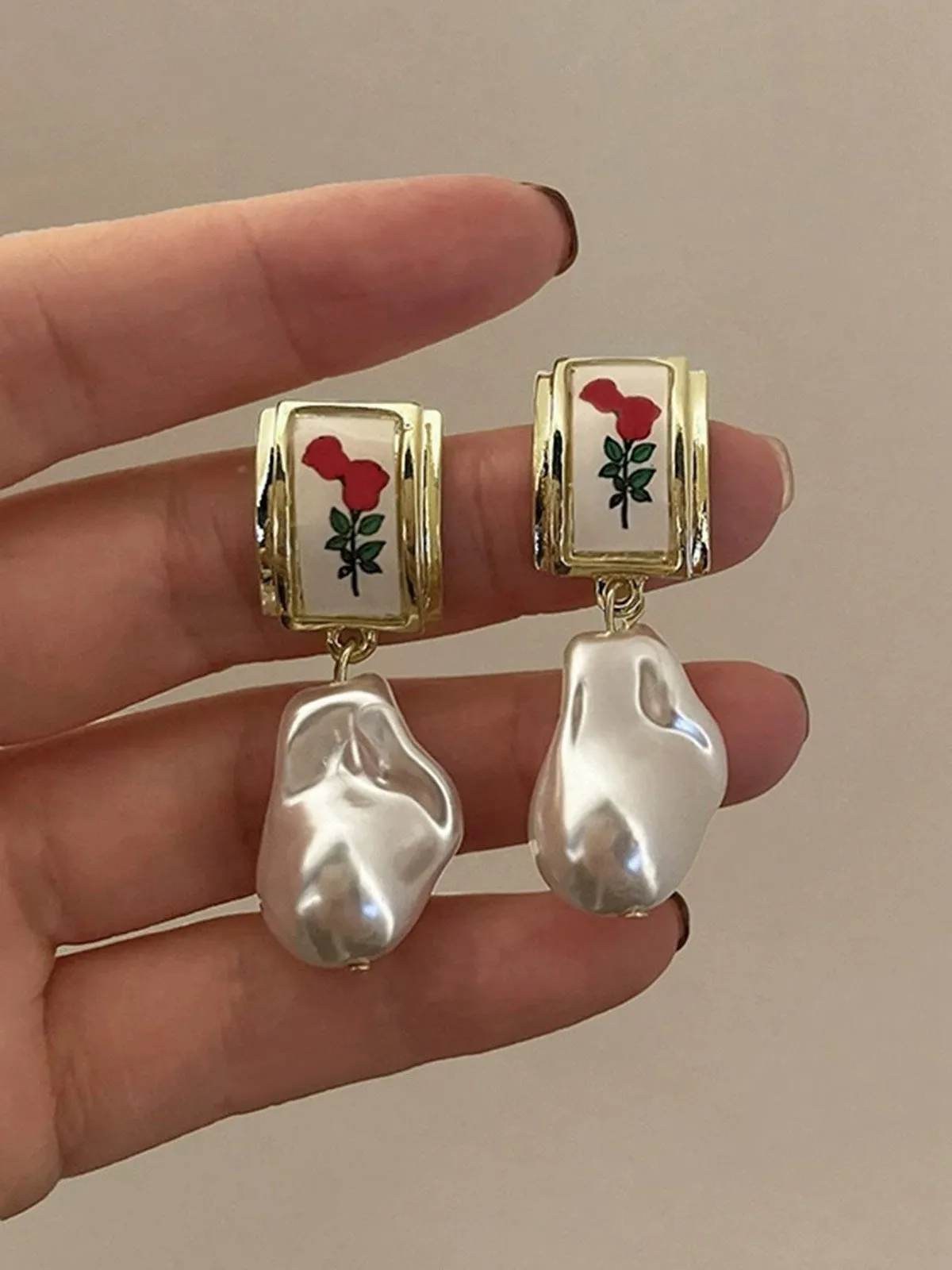 Rose Baroque Pearl Pendant Earrings sold by Retro Stage product image thumbnail 2