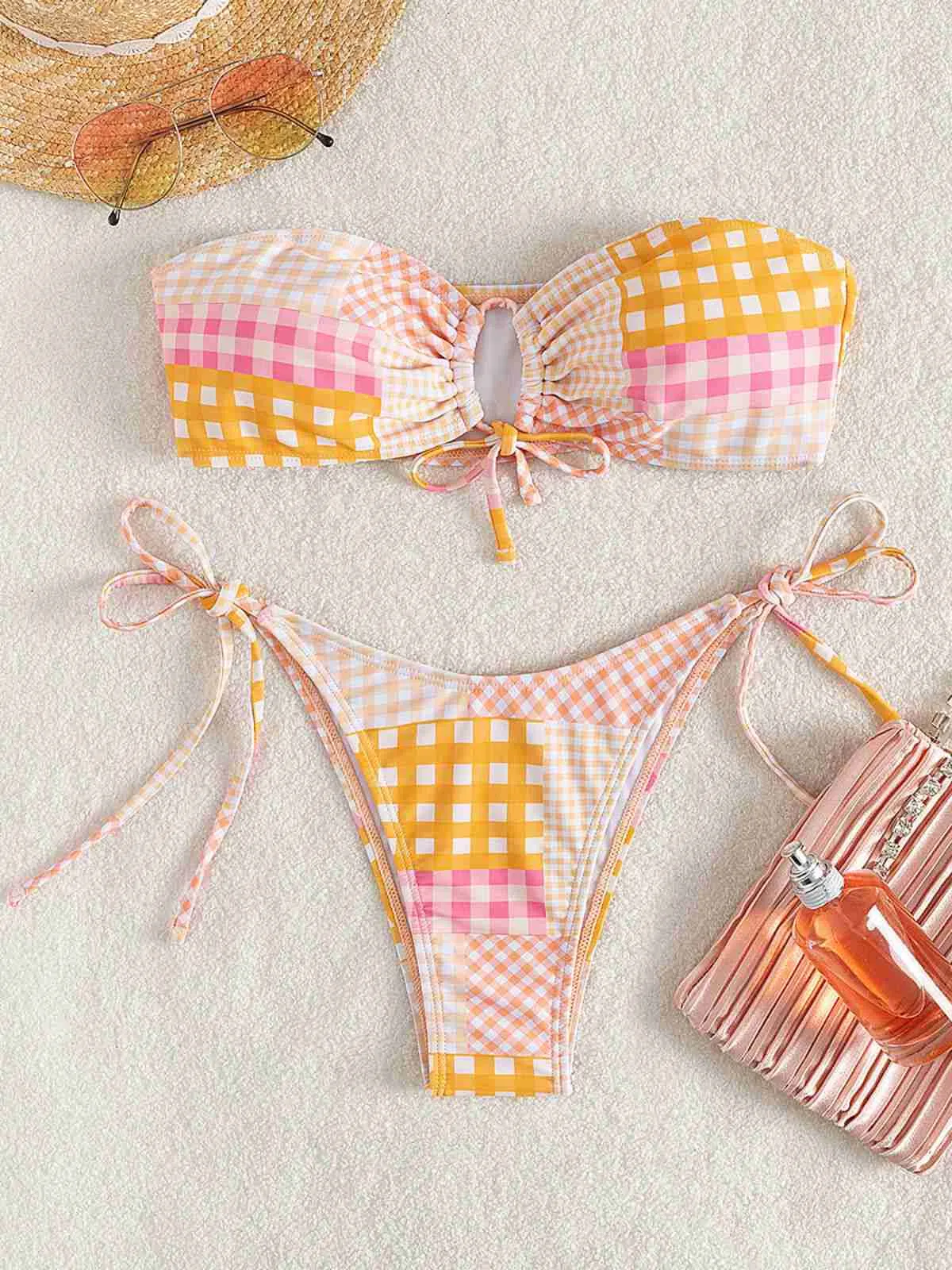 Pink 1970s Gingham Plaid Bandeau Bikini Set sold by Retro Stage product image thumbnail 4