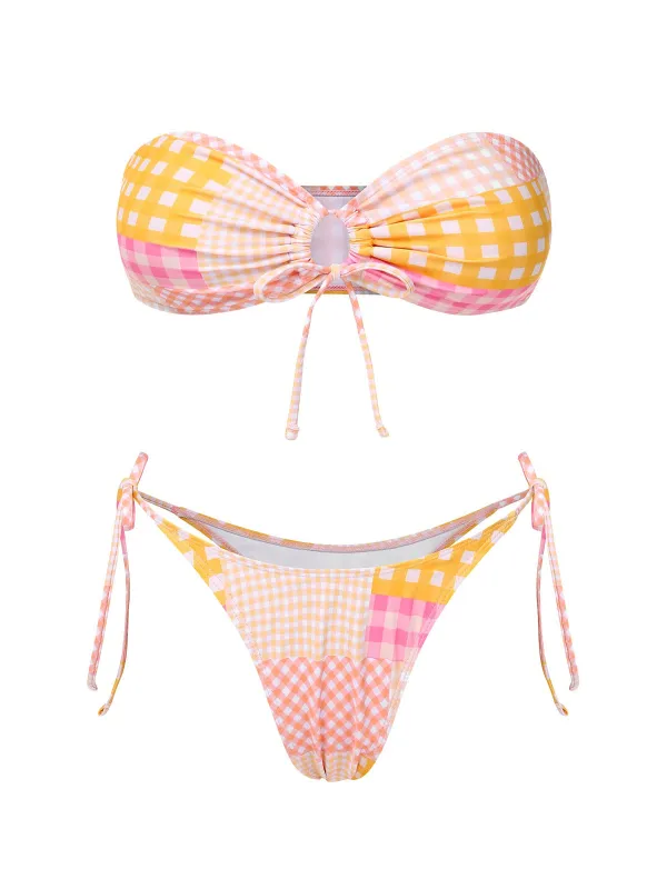 Pink 1970s Gingham Plaid Bandeau Bikini Set sold by Retro Stage
