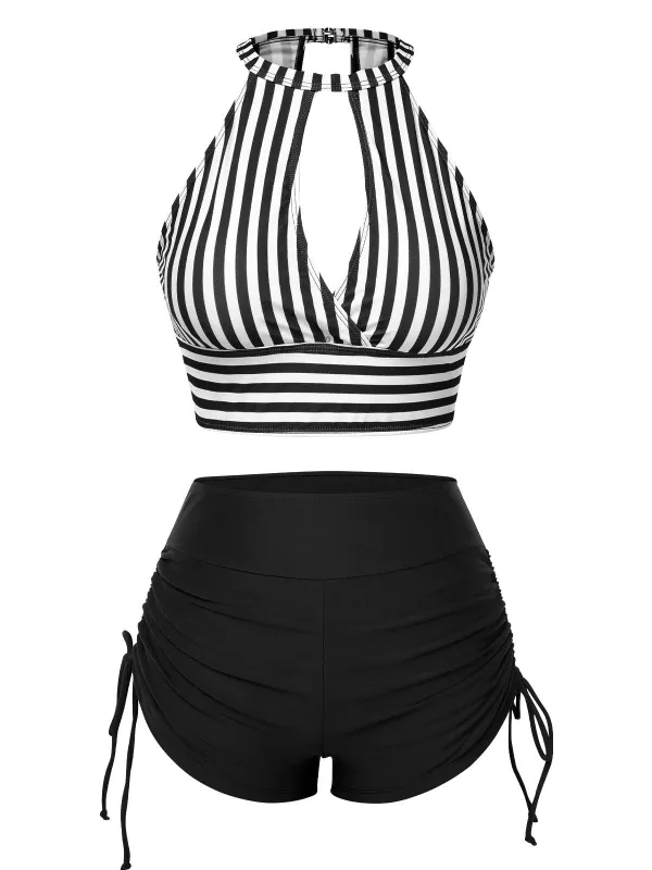 1950s Round Neck Halter Hollow Striped Swimsuit sold by Retro Stage