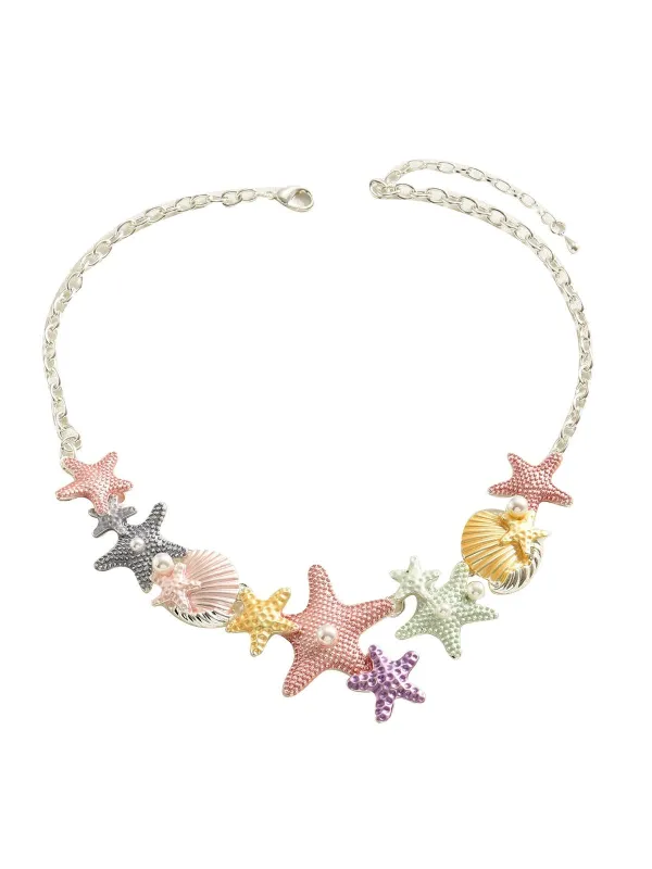 Starfish Seashell Pearl Inlaid Chain Necklace sold by Retro Stage