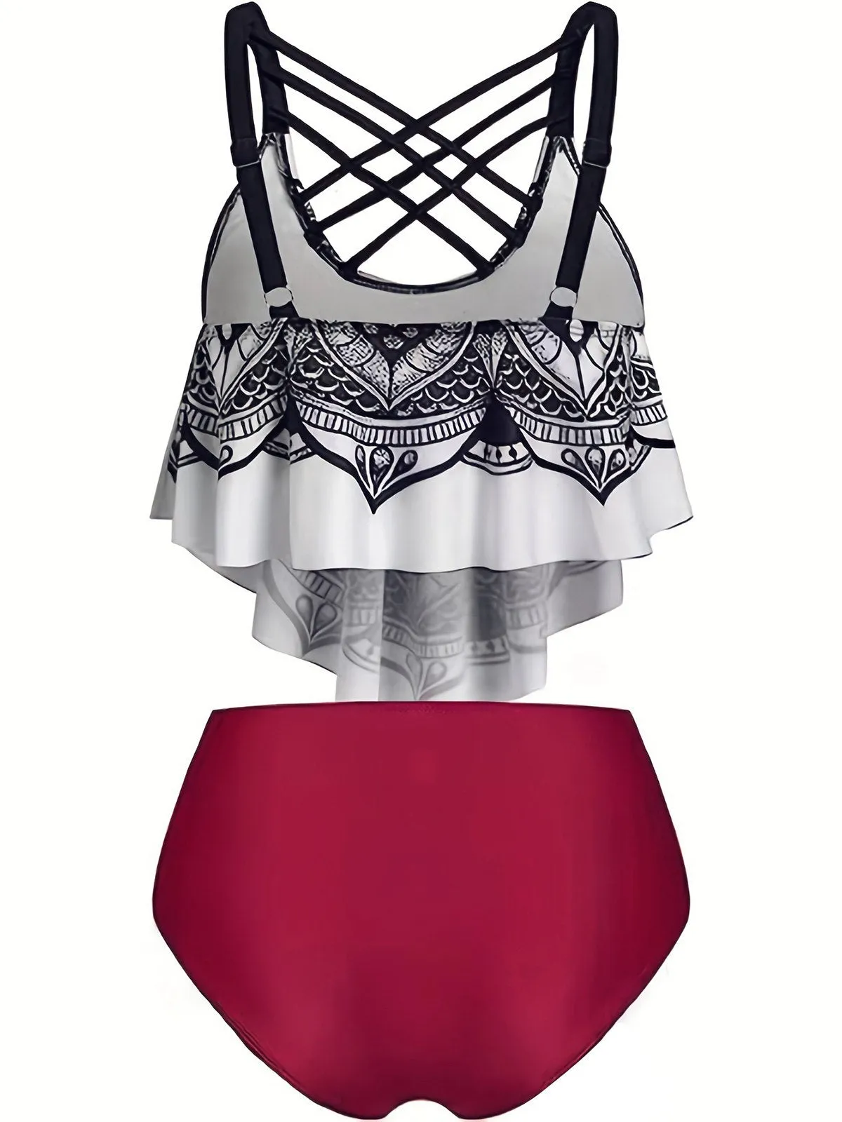 Red 1980s Gothic Skull Front Cross Ruffle Swimsuit sold by Retro Stage product image thumbnail 2