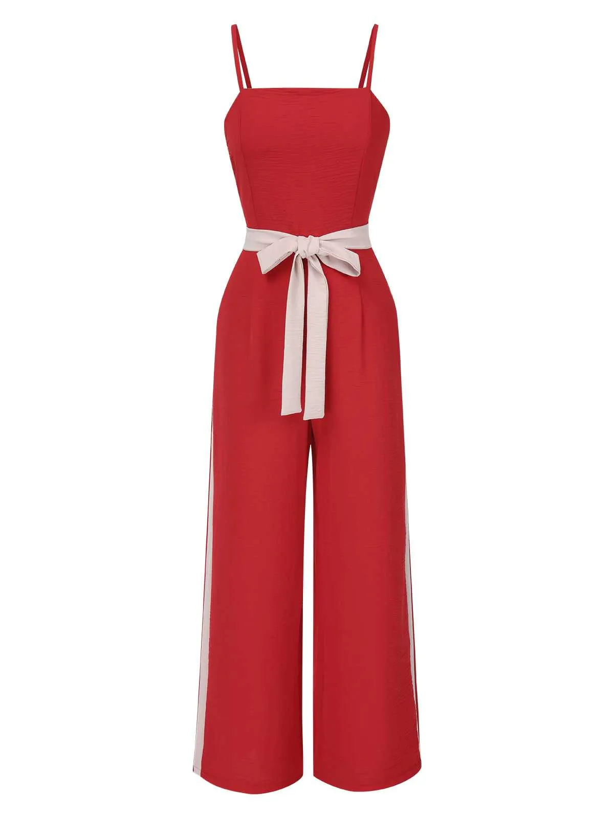 Red 1970s Spaghetti Strap Belted Stripe Jumpsuit sold by Retro Stage